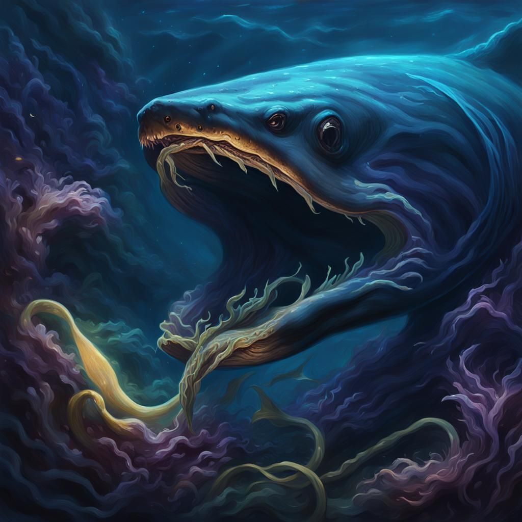 Frilled Shark Eats Eel in Dark Fantasy Oil Painting
