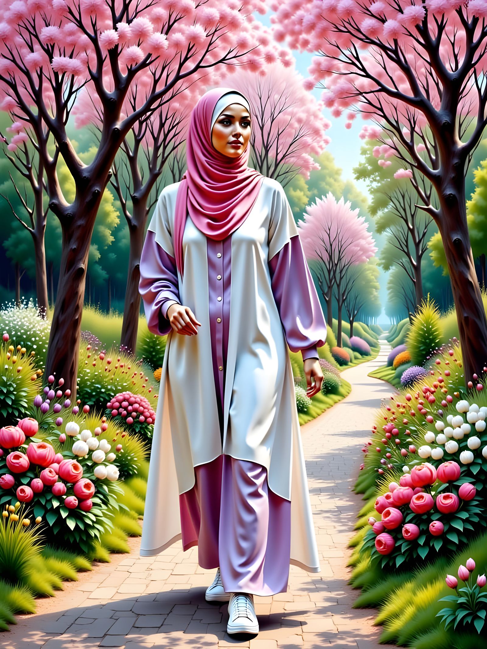 Woman in Hijab in Forest, Art Nouveau Style