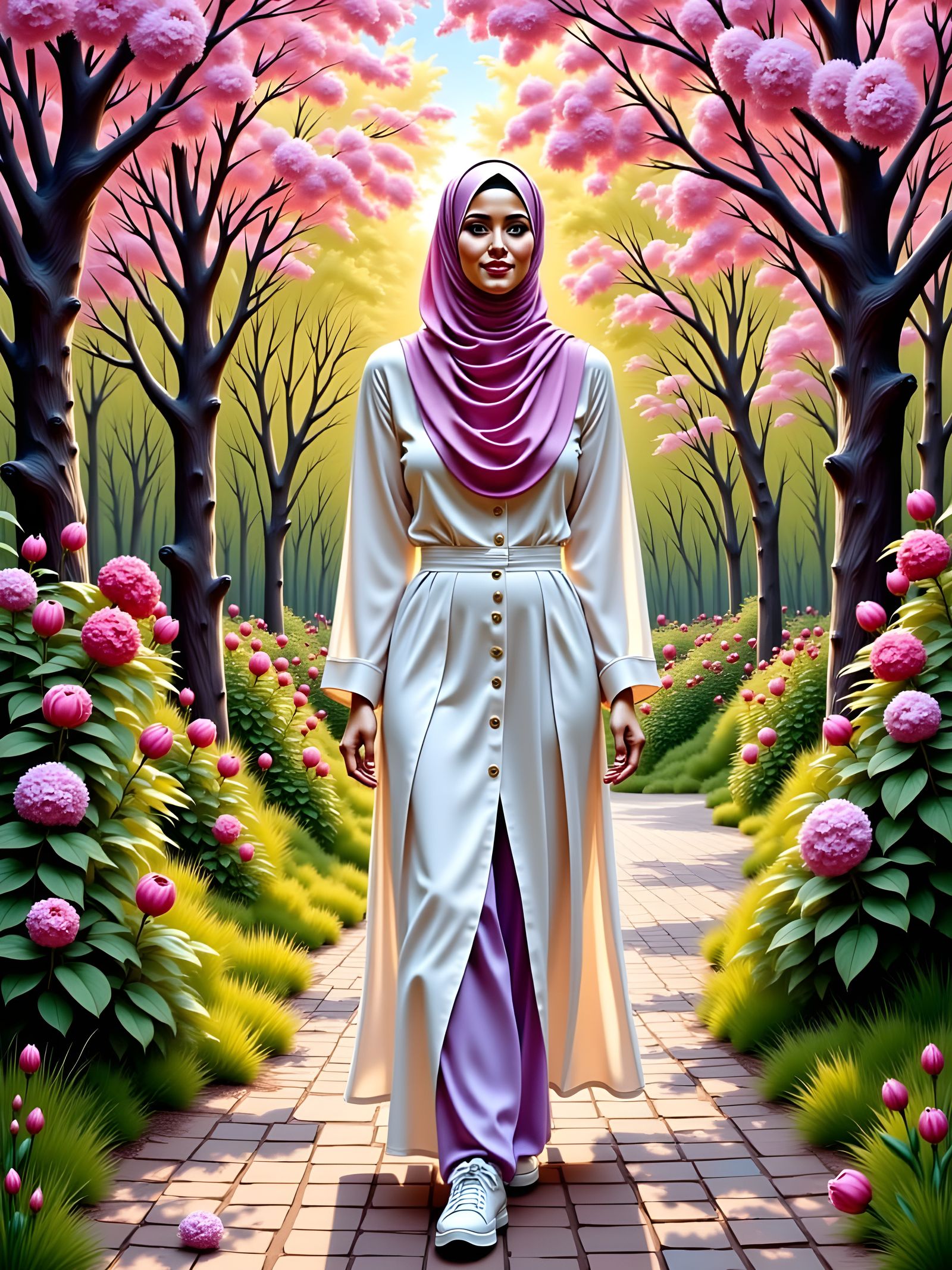 European Woman in Hijab Walking Through Blossom Forest