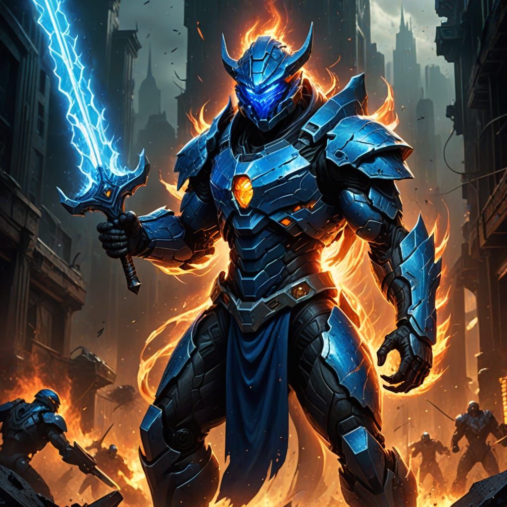 Epic Sci-Fi Demon Wields Plasma Sword in Ruined City