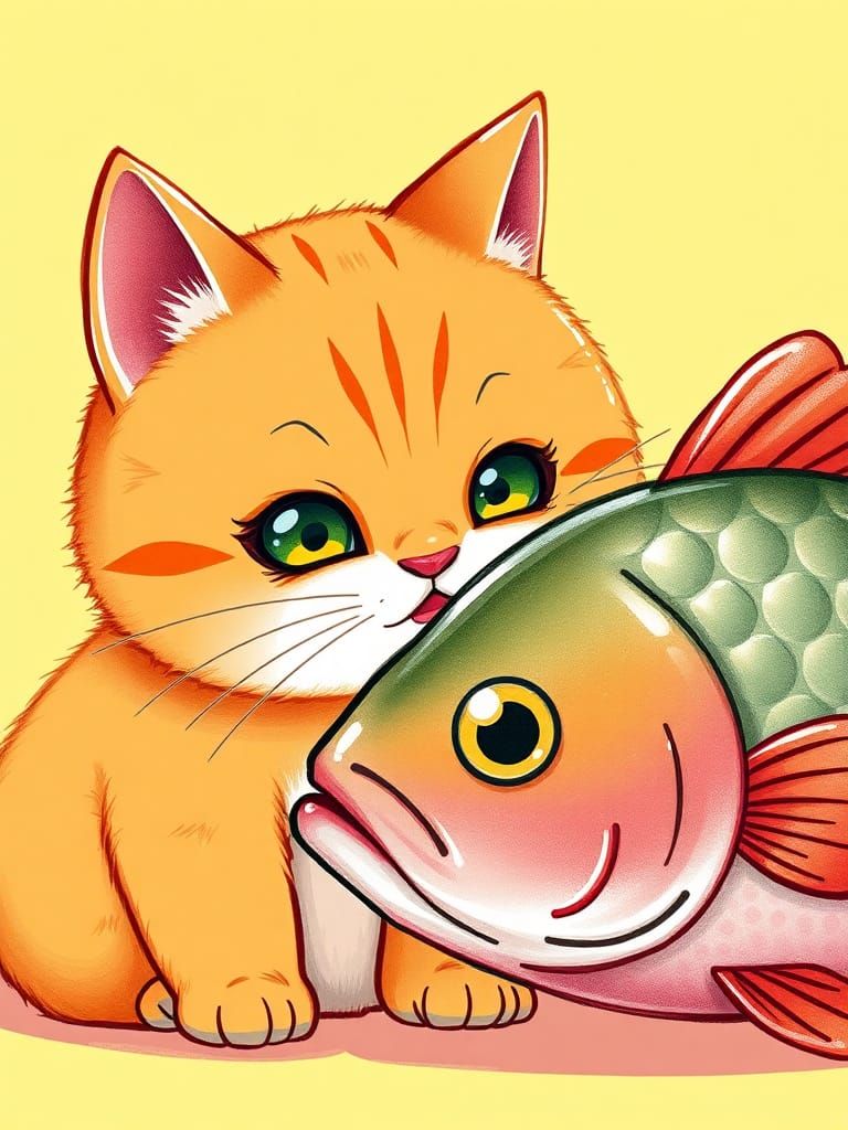 A drawing of a chubby orange tabby cat in chibi style with s...