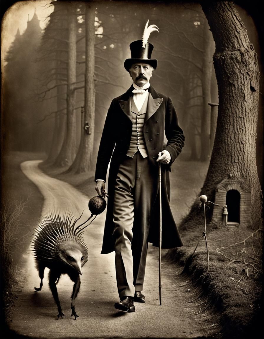 Elegant Man Walking with Creature in Daguerreotype Style