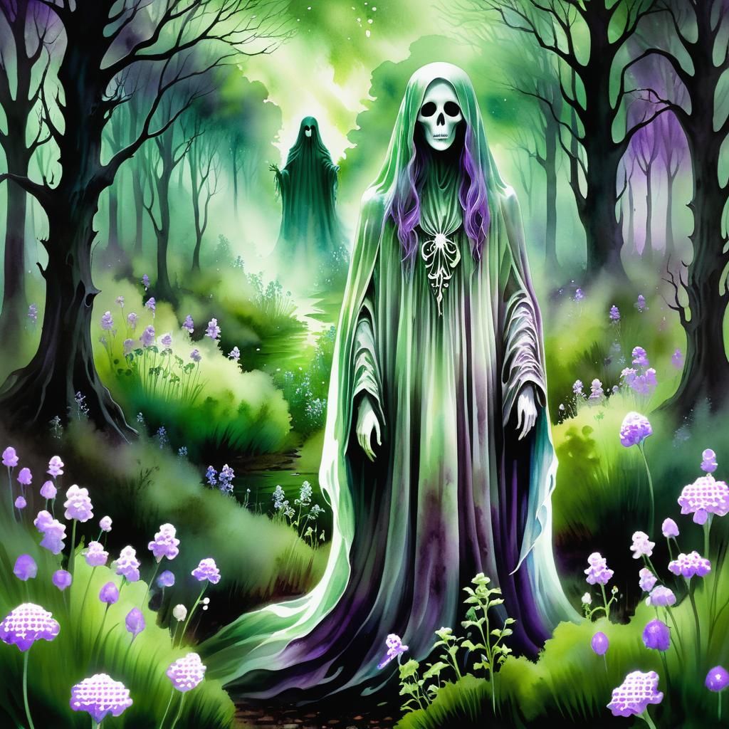 Ghostly Figure in Watercolor Gothic Landscape