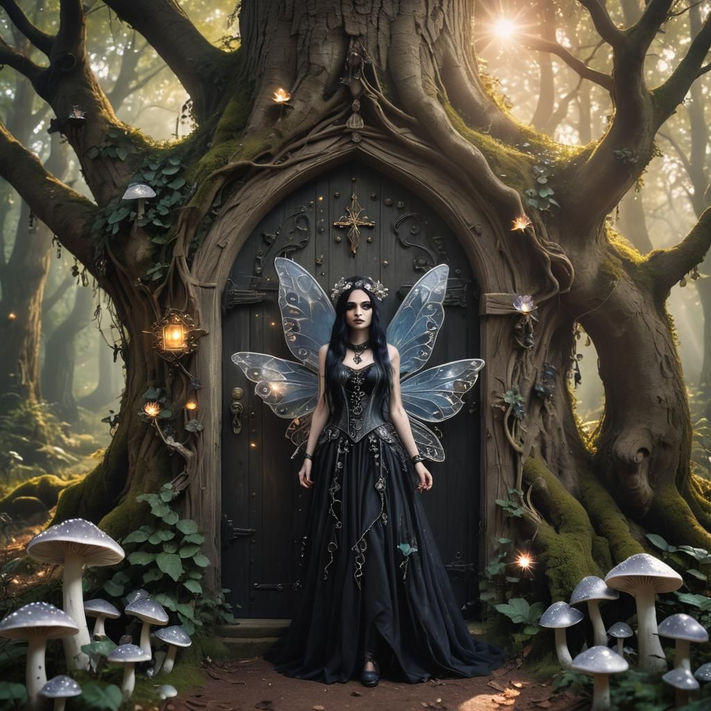 Gothic Fairy in Forest with Magical Tree