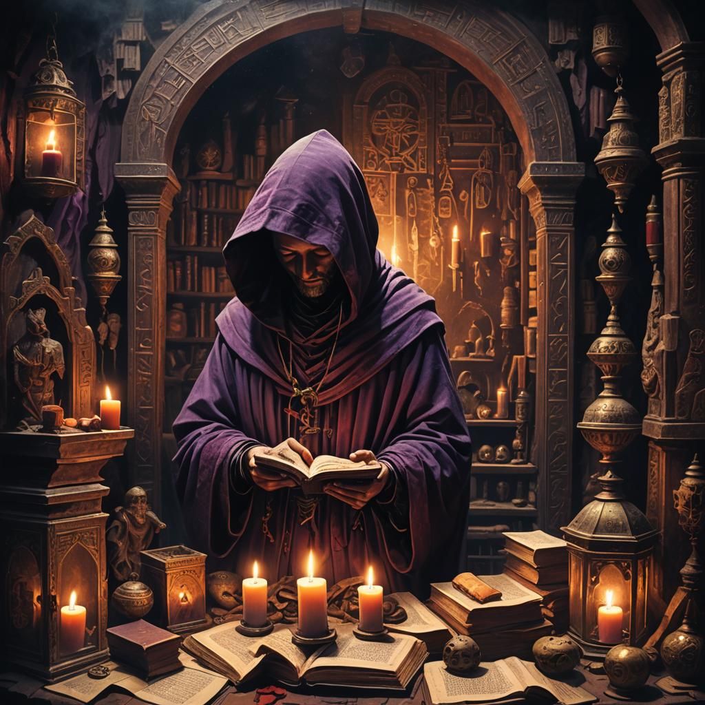 Mysterious Hooded Figure in Dimly Lit Chamber