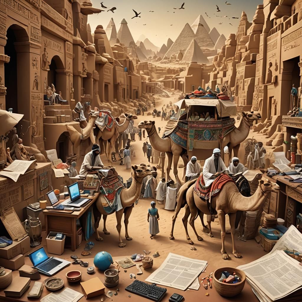 Landscape. Bustling bazaar on main street with camel in the ...