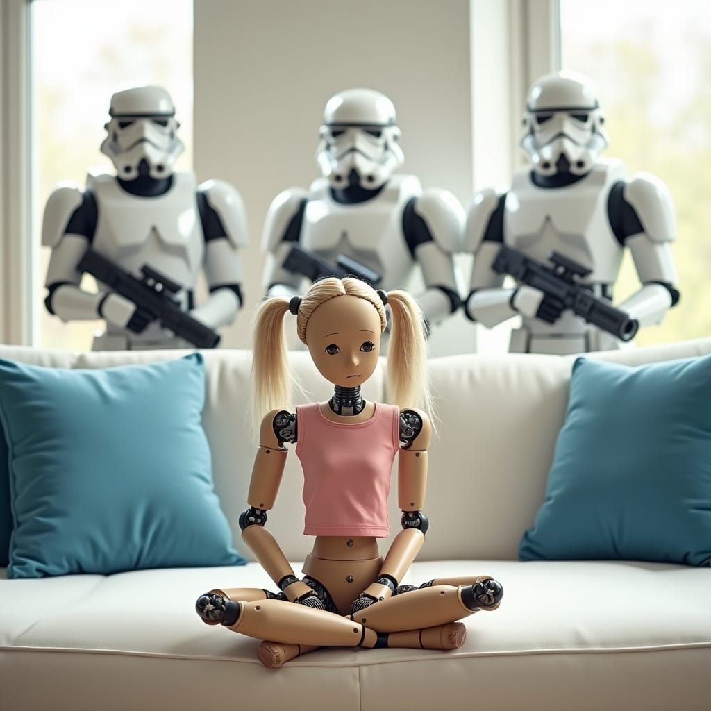 Cyberpunk Android Sits in Cozy Living Space