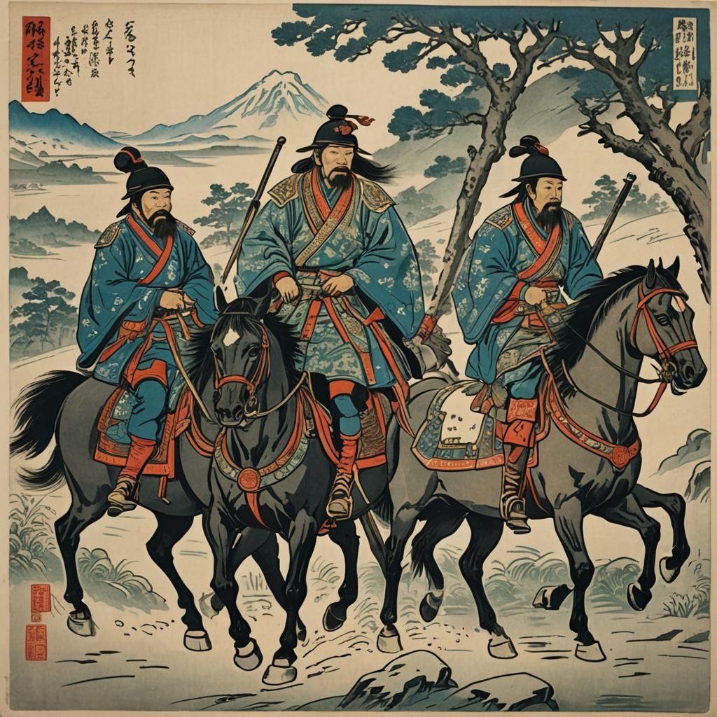 Russian Bogatyrs on Horseback: Japanese Woodblock Print