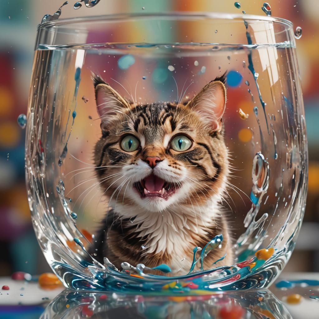Happy Cat Behind Glass in Splash Art Style