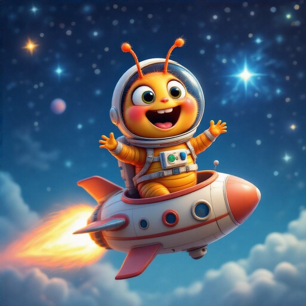 Joyful Caterpillar Astronaut in Whimsical 3D Style
