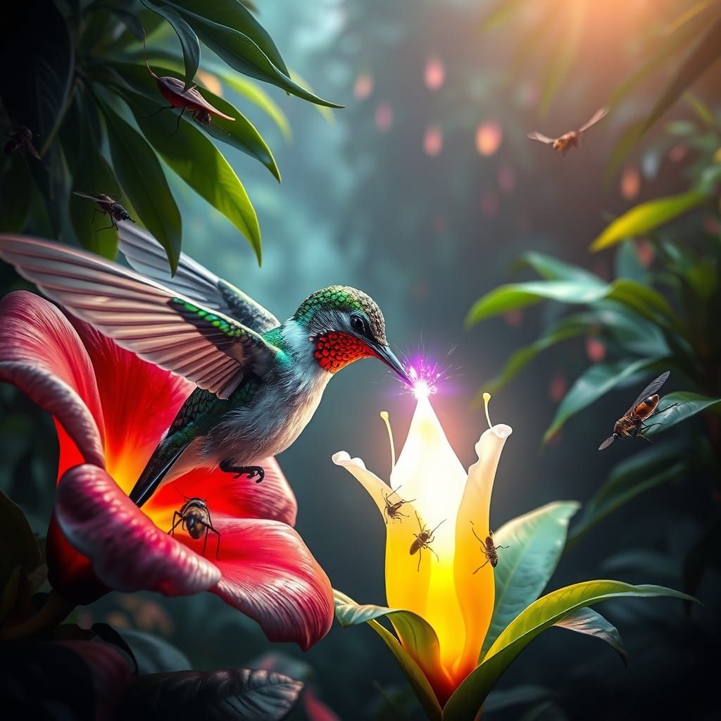 Chrome Hummingbird Sipping Nectar in Bioluminescent Jungle