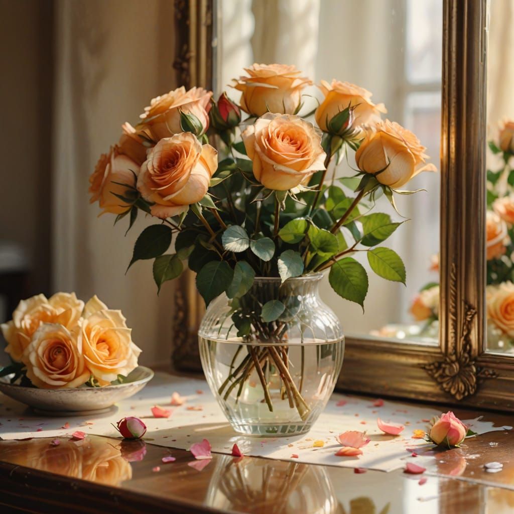 Watercolor Roses in Vase Reflection