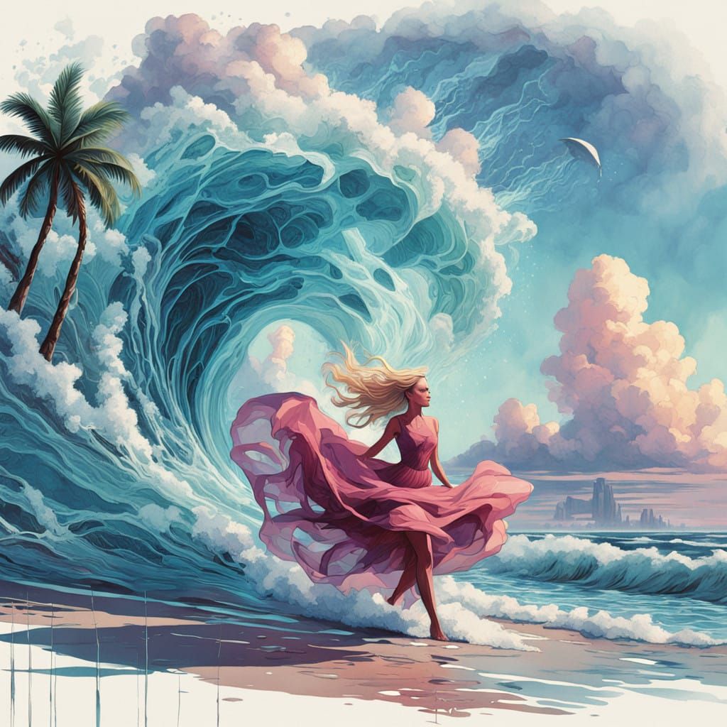 Golden Goddess Dances on Whirling Water Tornado in Futuristi...