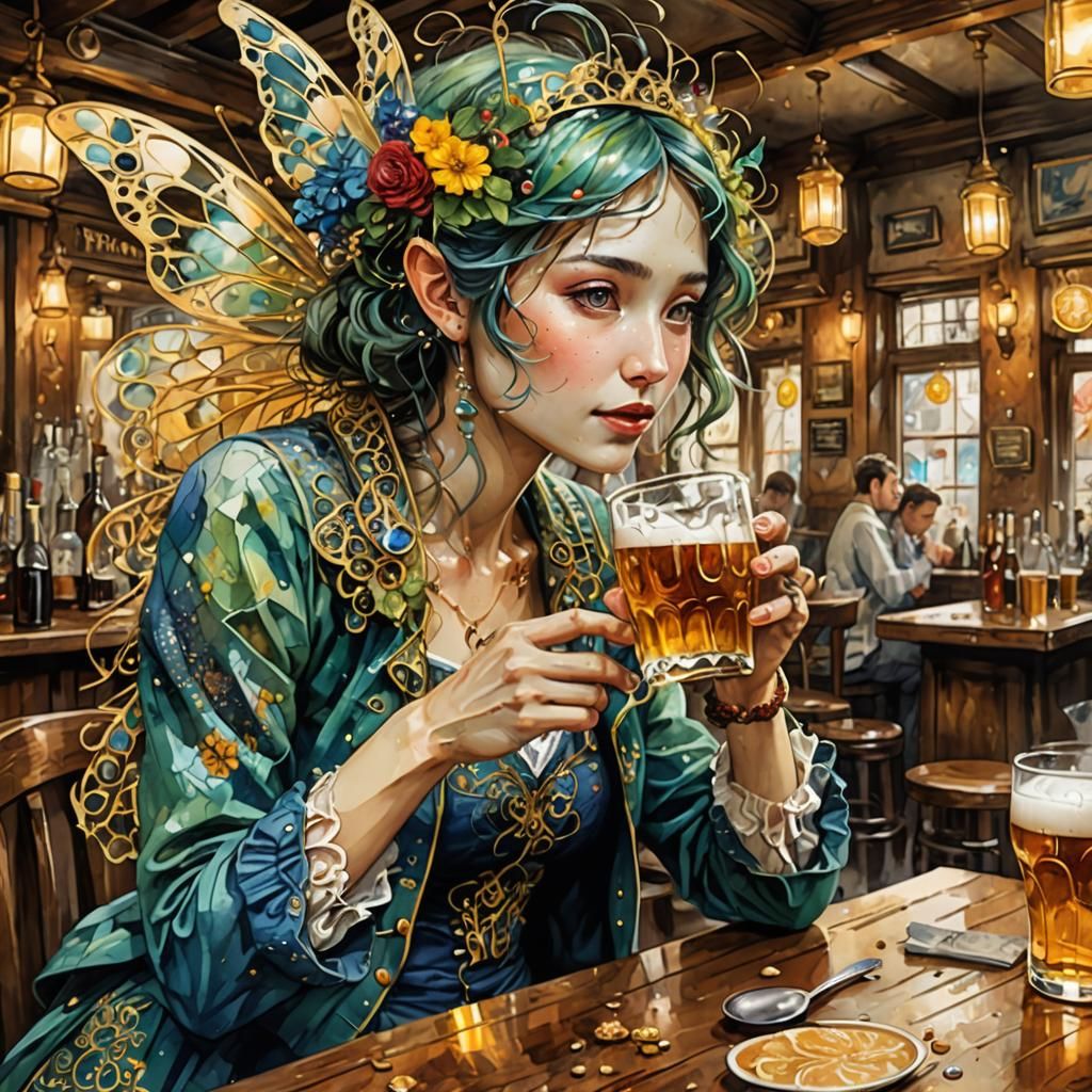 Fairy at Pub: Surrealist Watercolor Art