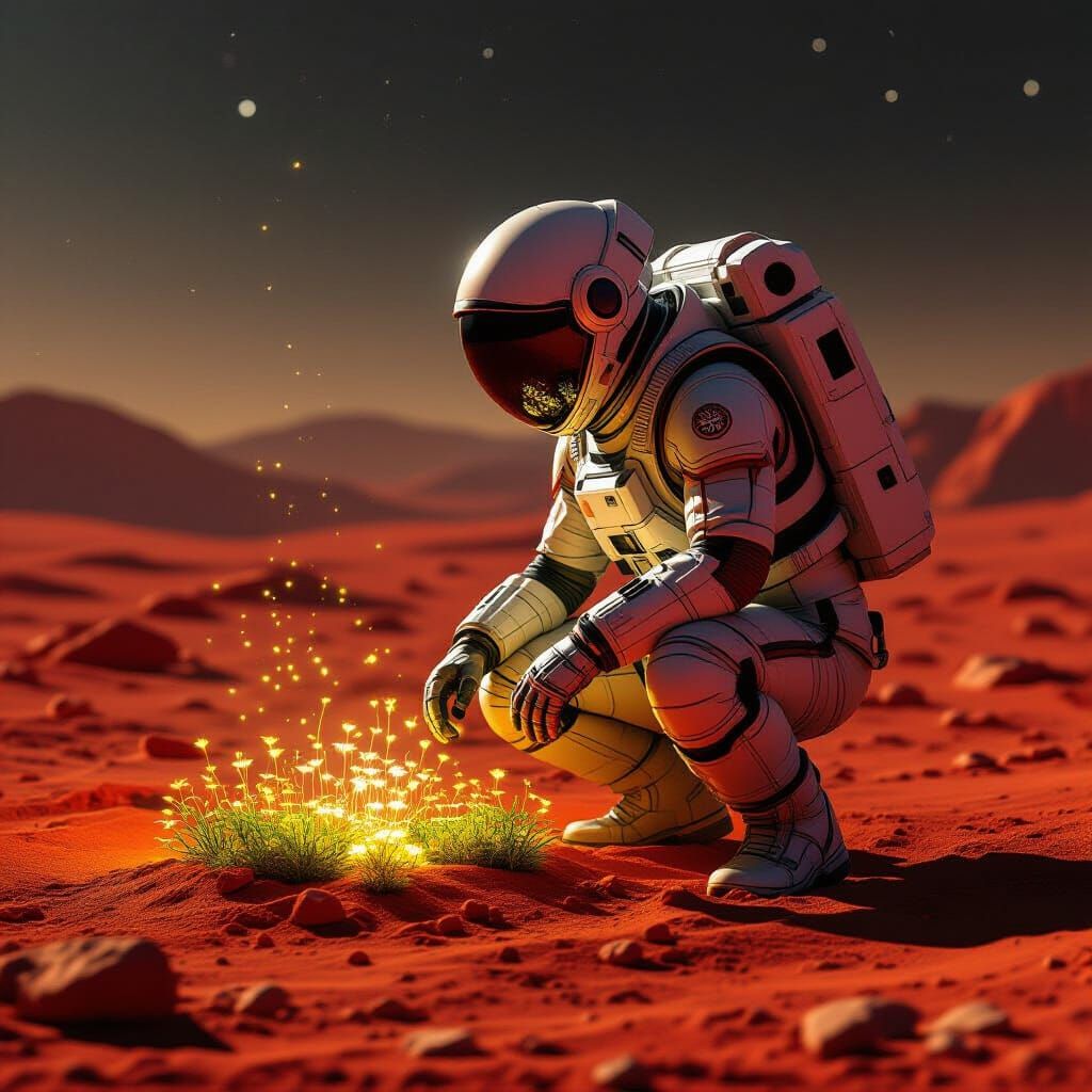 Astronaut Tends Glowing Martian Garden in Sci-Fi Art Style