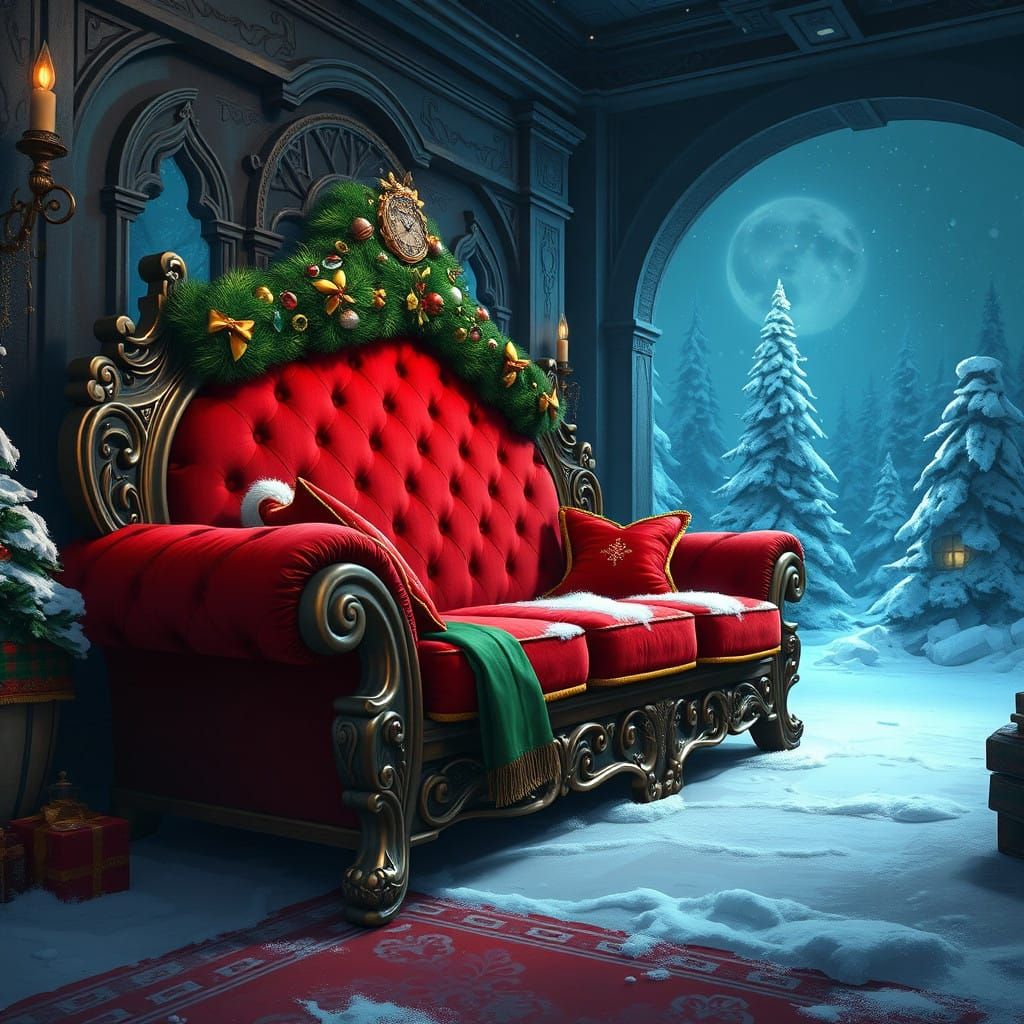 Overstuffed red and green Christmas themed sofa