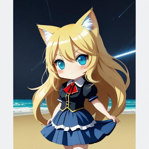 Adorable Chibi Catgirl on Beach in Anime Style