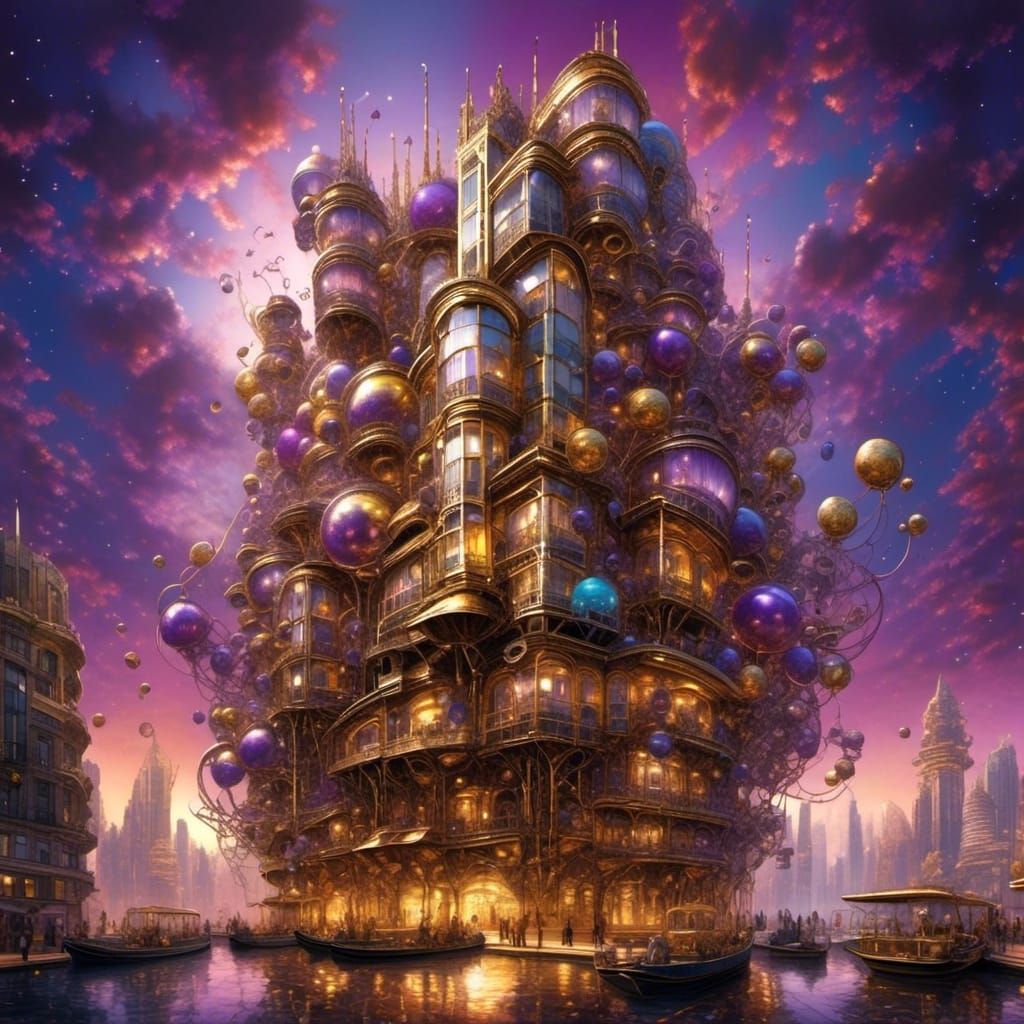 Surreal Mechanical Cityscape in Metallic Tones