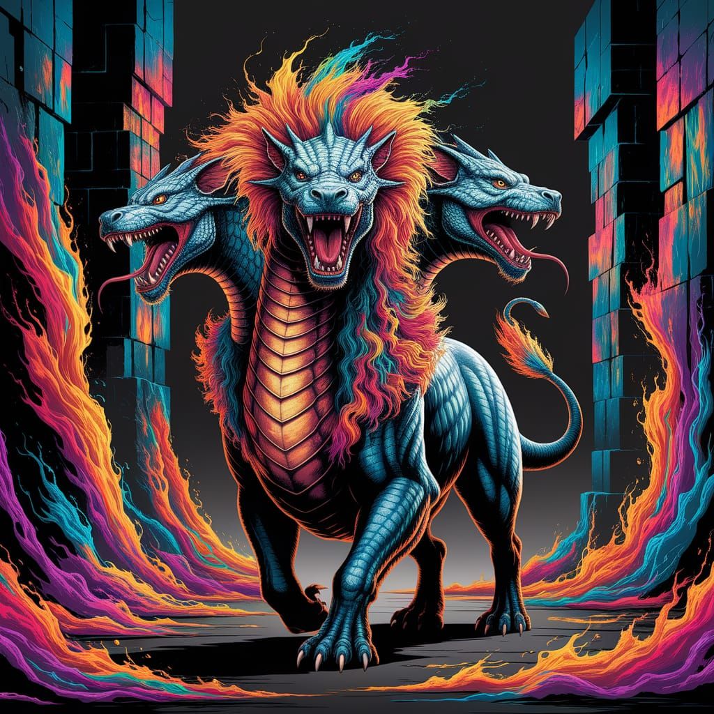 Cyberpunk Chimera Rises from Fiery Inferno
