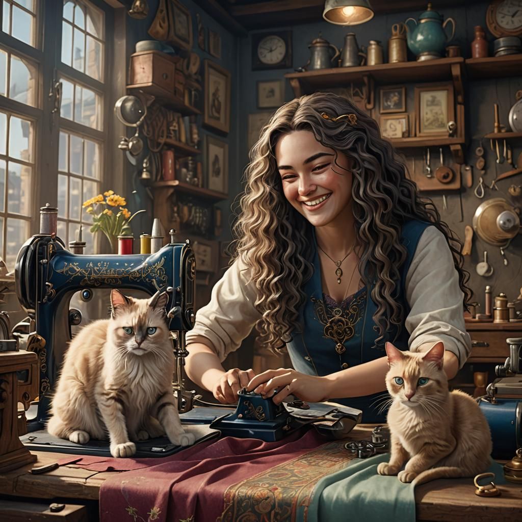 Happy Seamstress with Cat, Detailed Matte Painting