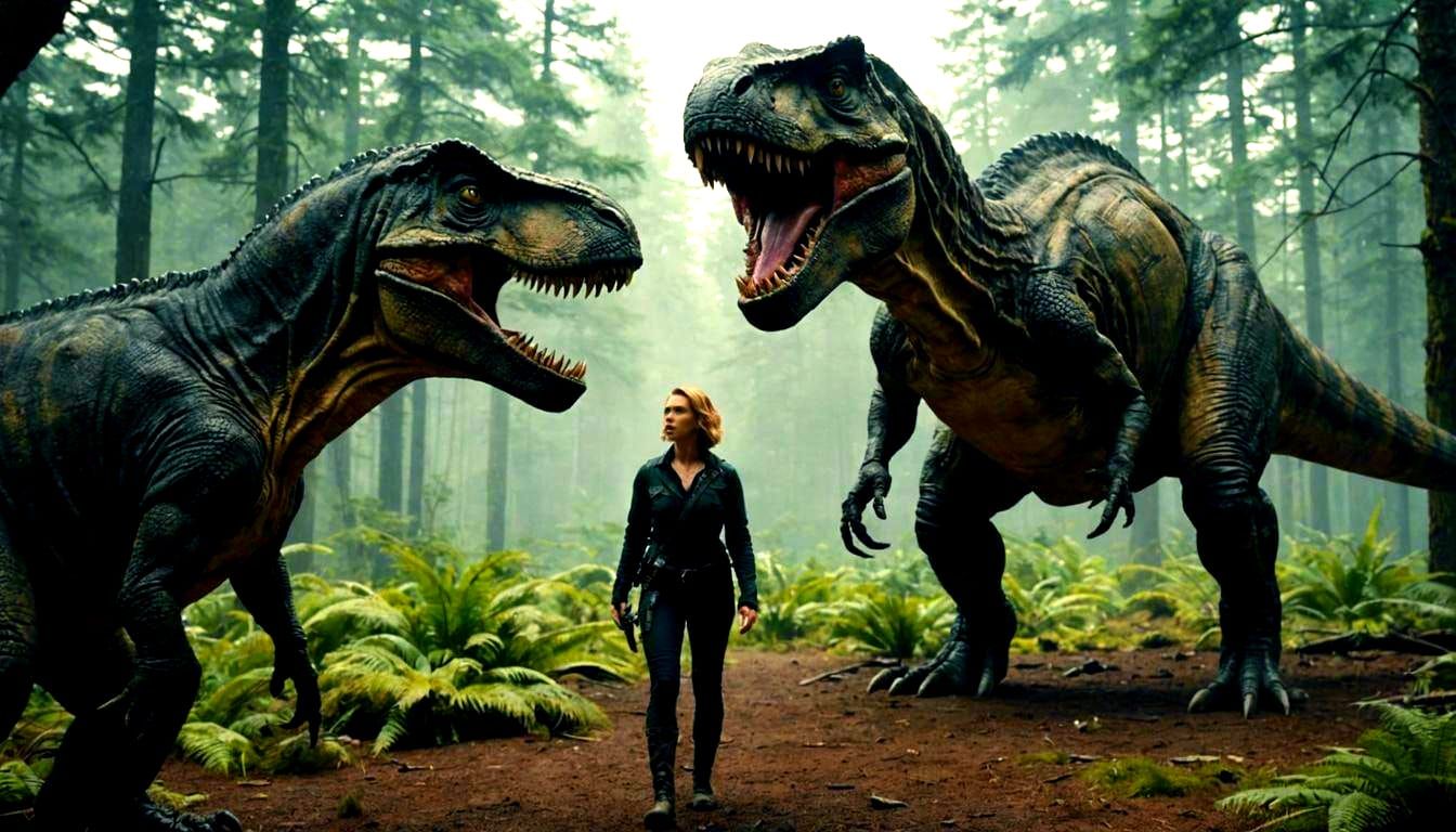 Scarlett Johansson and T-Rex: Cinematic Film Still
