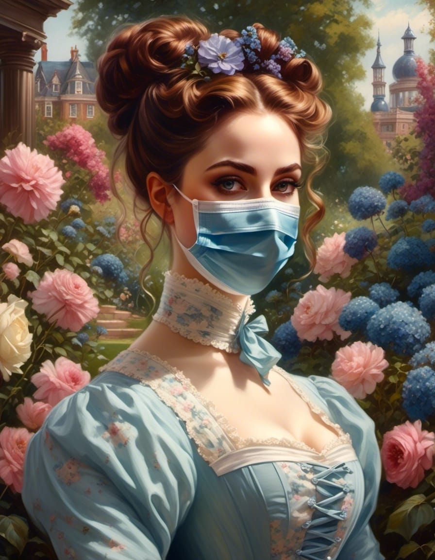 Victorian Woman with Facemask in Flower Garden