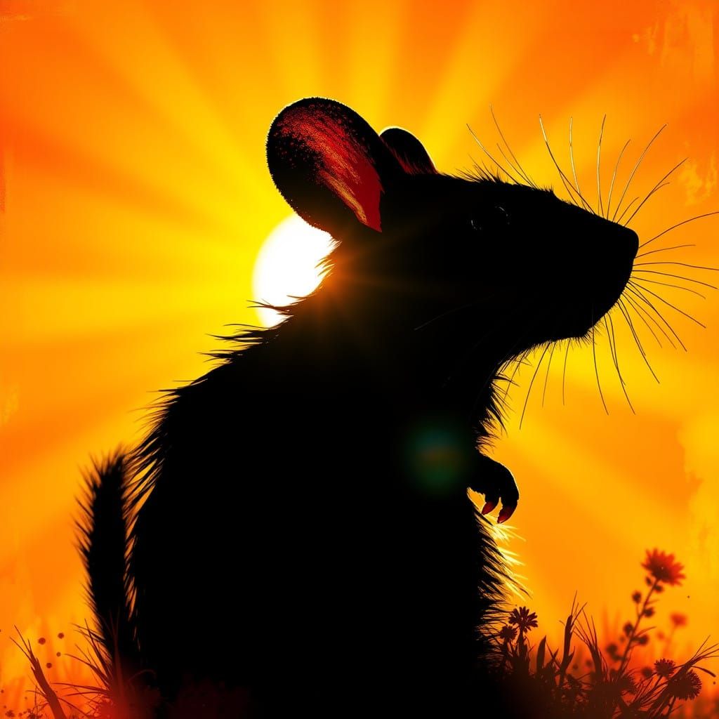 Black Field Mouse Silhouette Against Radiant Sun