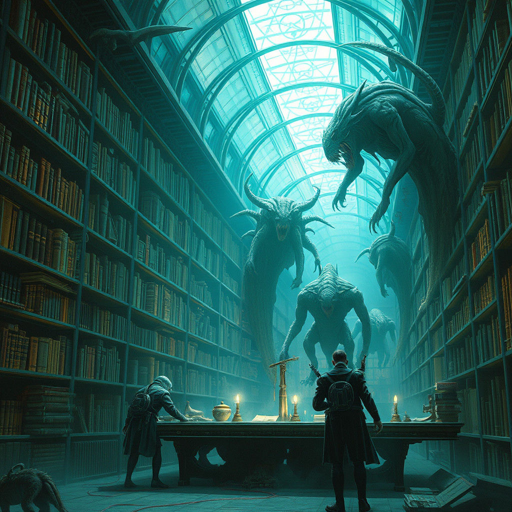 Futuristic Library with Monsters in Horror Style
