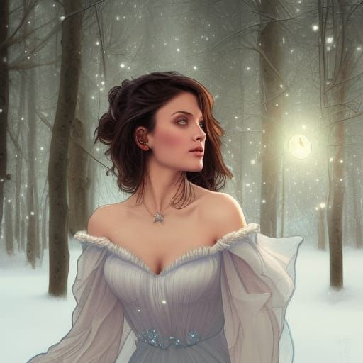 Brunette in Snowy Forest, Hyperdetailed Art