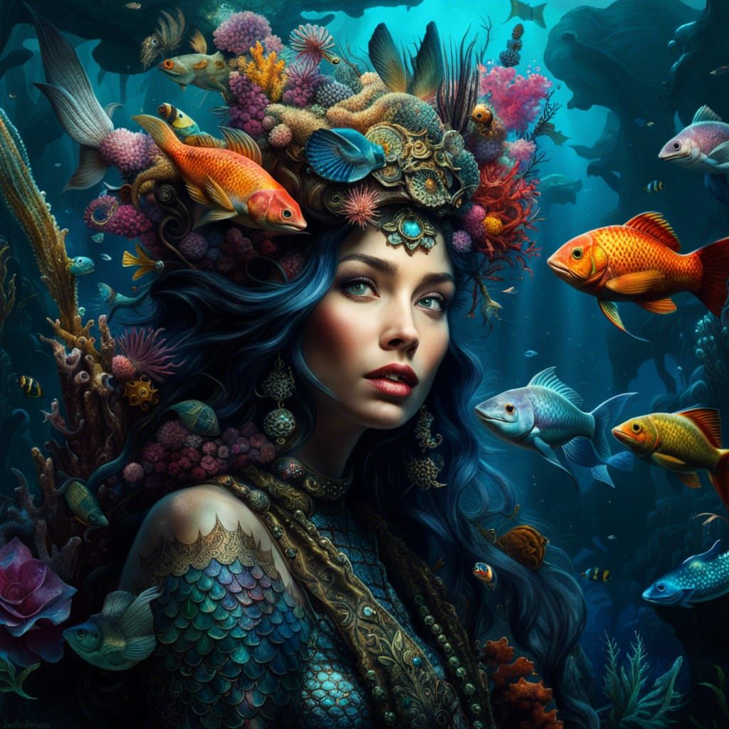 Enchanting Mermaid Among Deep Sea Creatures