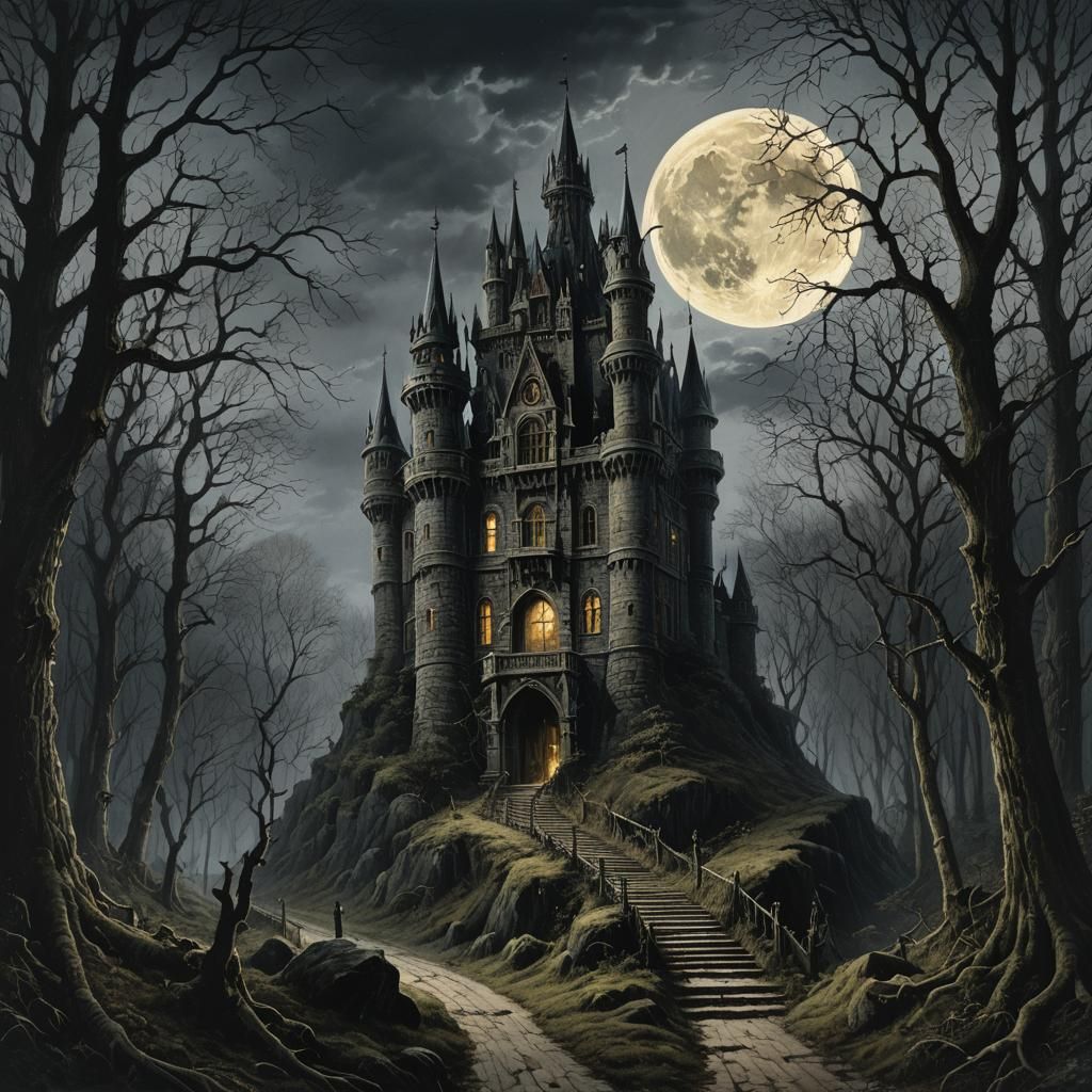 Eerie Gothic Castle Under Moonlight