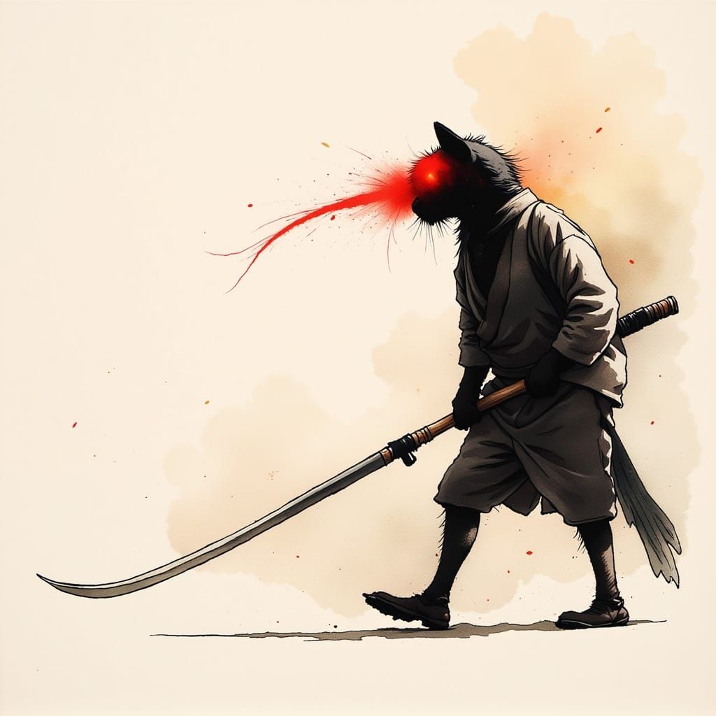 Minimalist Ink Drawing with Crimson Accent