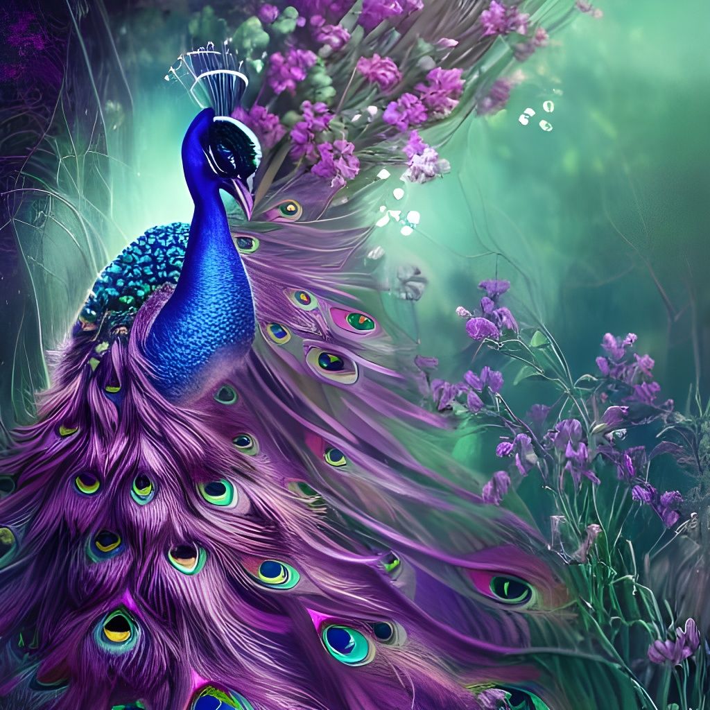 Iridescent Peacock Floral Bouquet, Digital Art