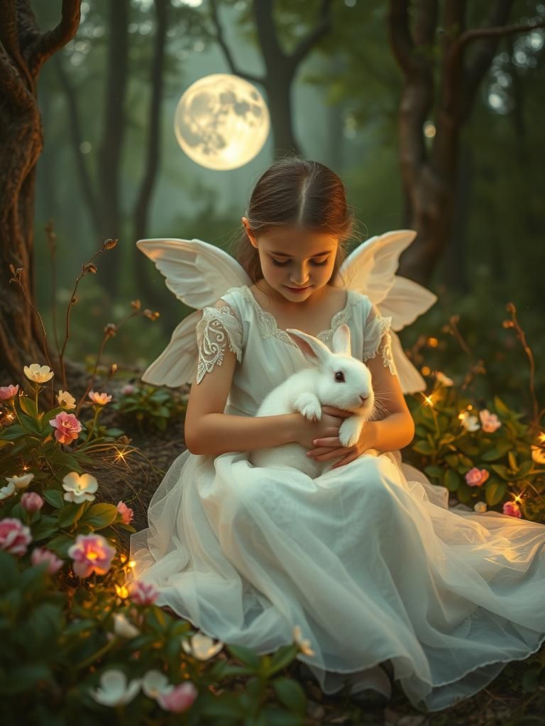 Angel and Rabbit in Enchanted Forest