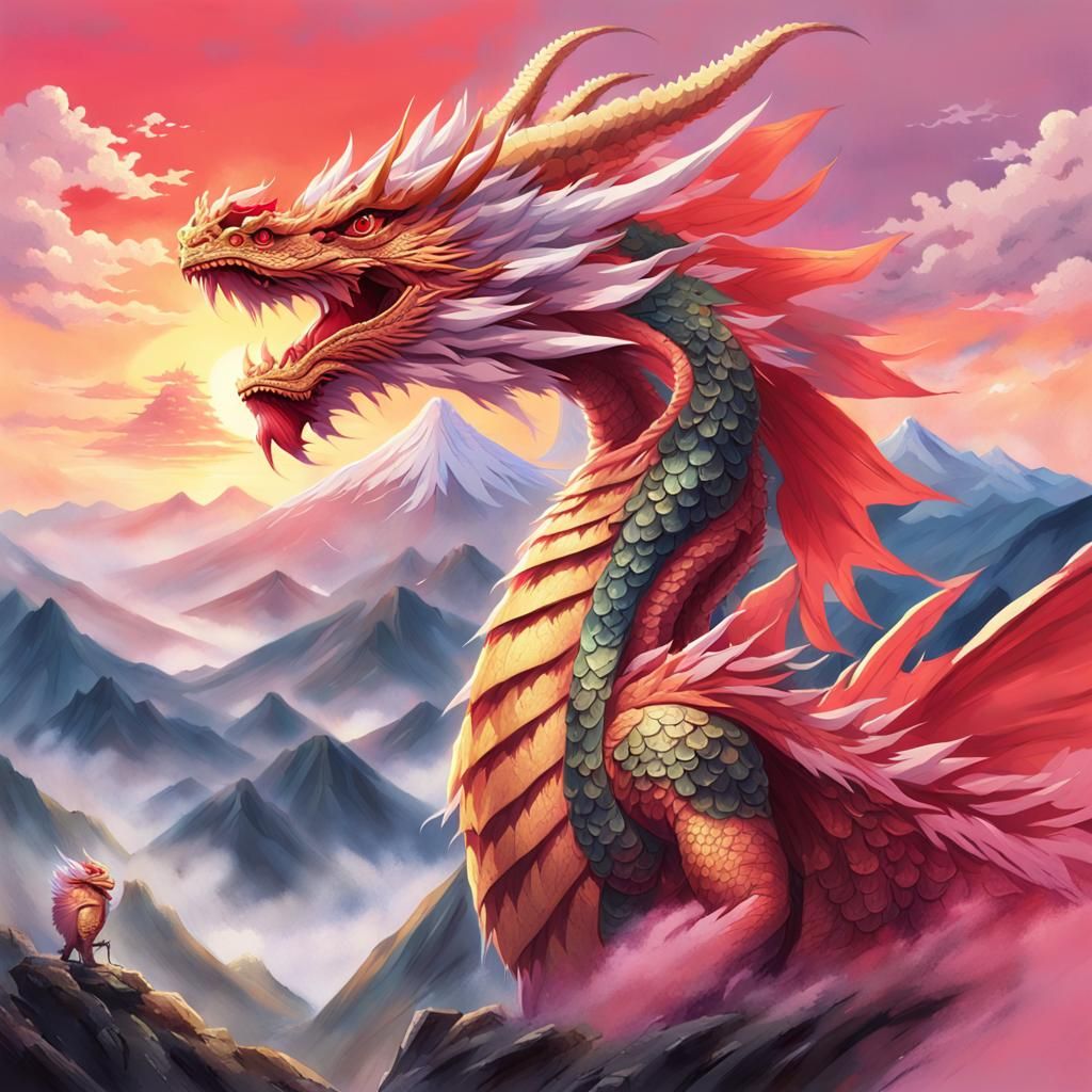 Anime Dragon in Misty Mountain Sunrise