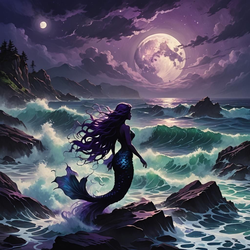 Ethereal Mermaid Silhouette in Stormy Moonlight Ocean