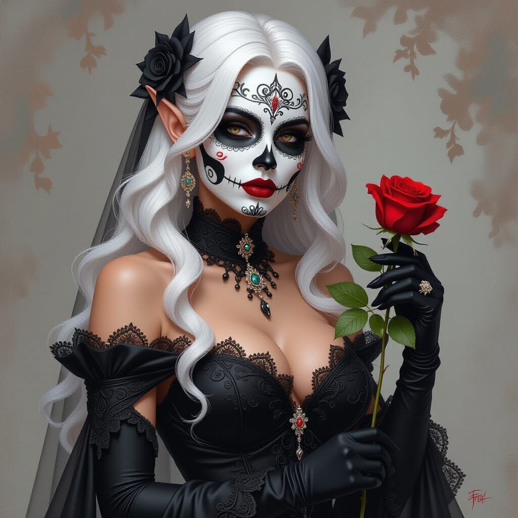 Elf Bride with Red Rose, Fantasy Oil Painting