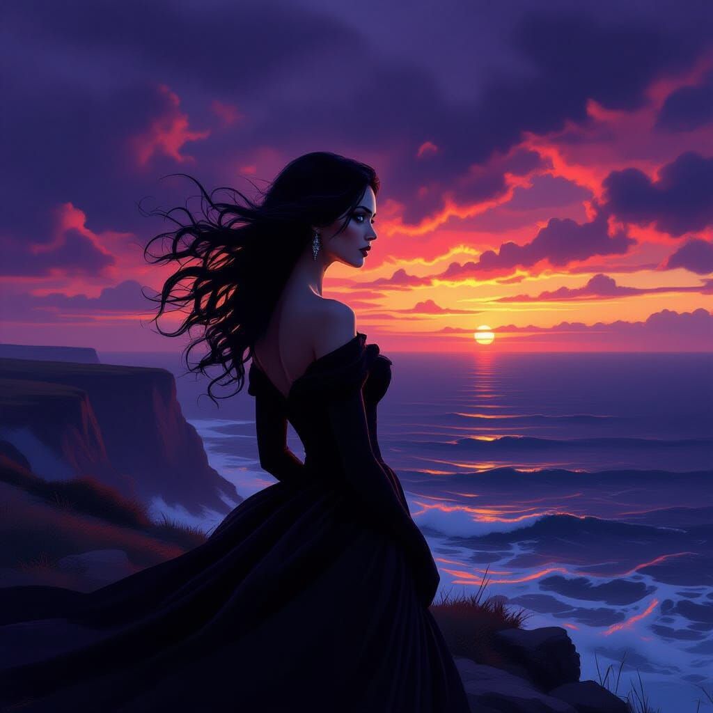 Woman on Windswept Clifftop at Dusk