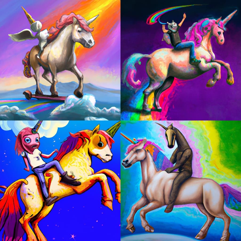 Alien Rides Unicorn in Detailed Complementary Colors Paintin...