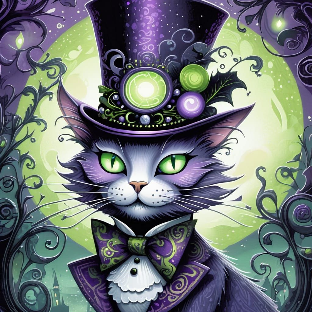 Purple Cat with Top Hat in Gris Grimly Style