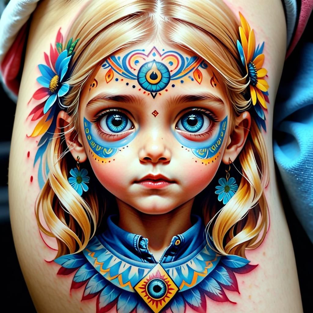 Girl with Eagle Tattoos in Hyperrealistic Conceptual Art