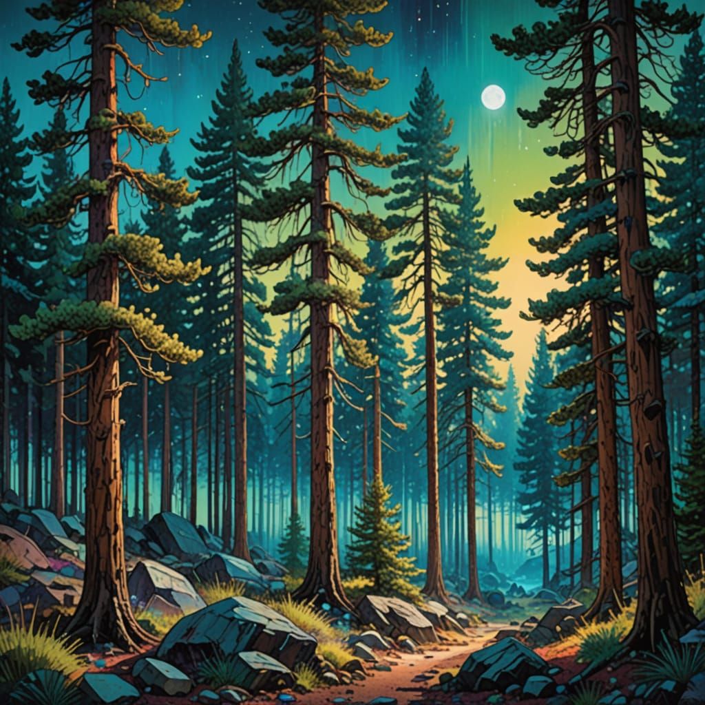 Iridescent Crystal Pine Forest Landscape at Dusk