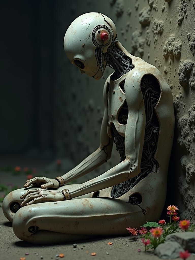 Abandoned Android in Cave - Photorealistic Film Still