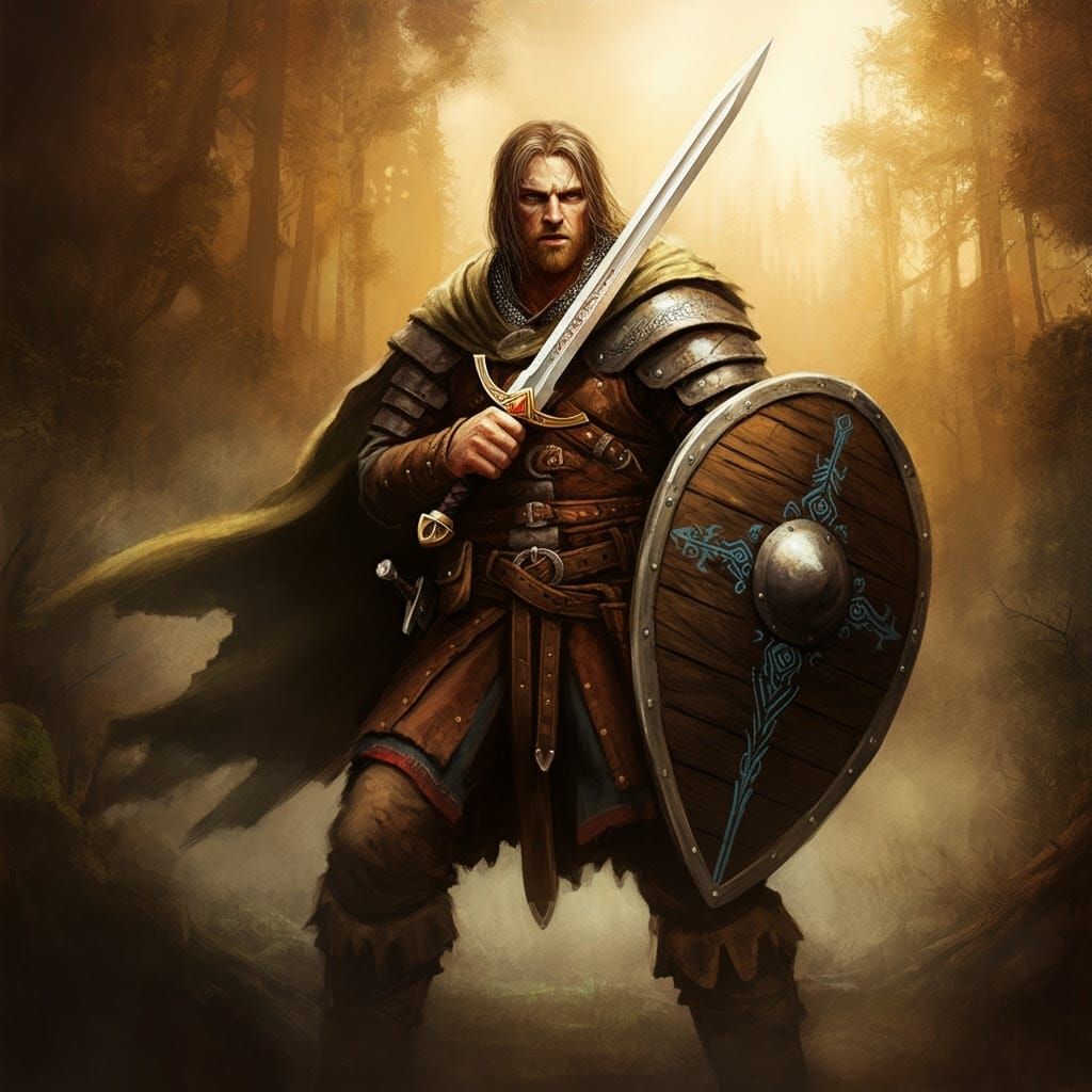 Brave Fighter Stands Tall in Misty Forest, Sword and Shield ...