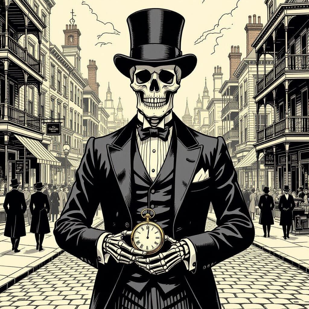 Dapper Skeleton Victorian Gentleman in 1920s City