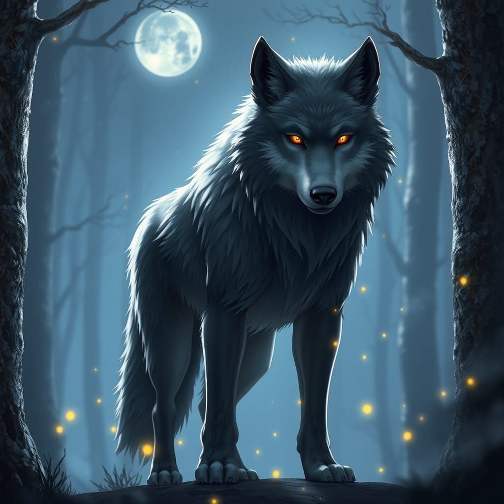 Majestic Wolf in Moonlit Forest, Anime-Inspired 3D Art