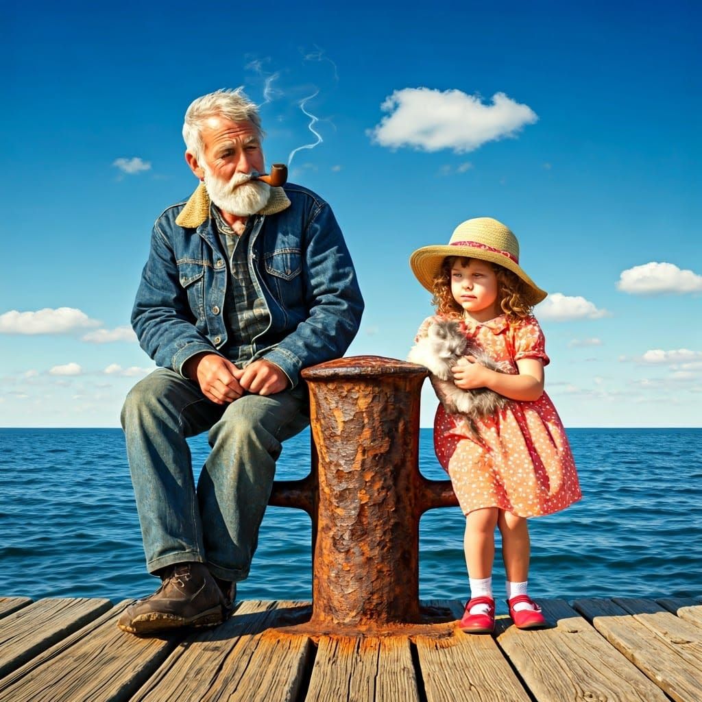 Girl, Kitten, and Fisherman in Rockwell Style