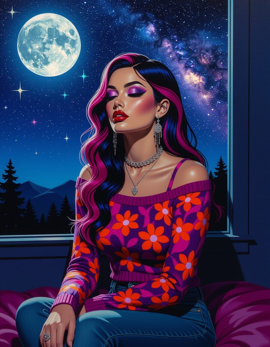 Emo Rock Woman Under Starry Night Sky