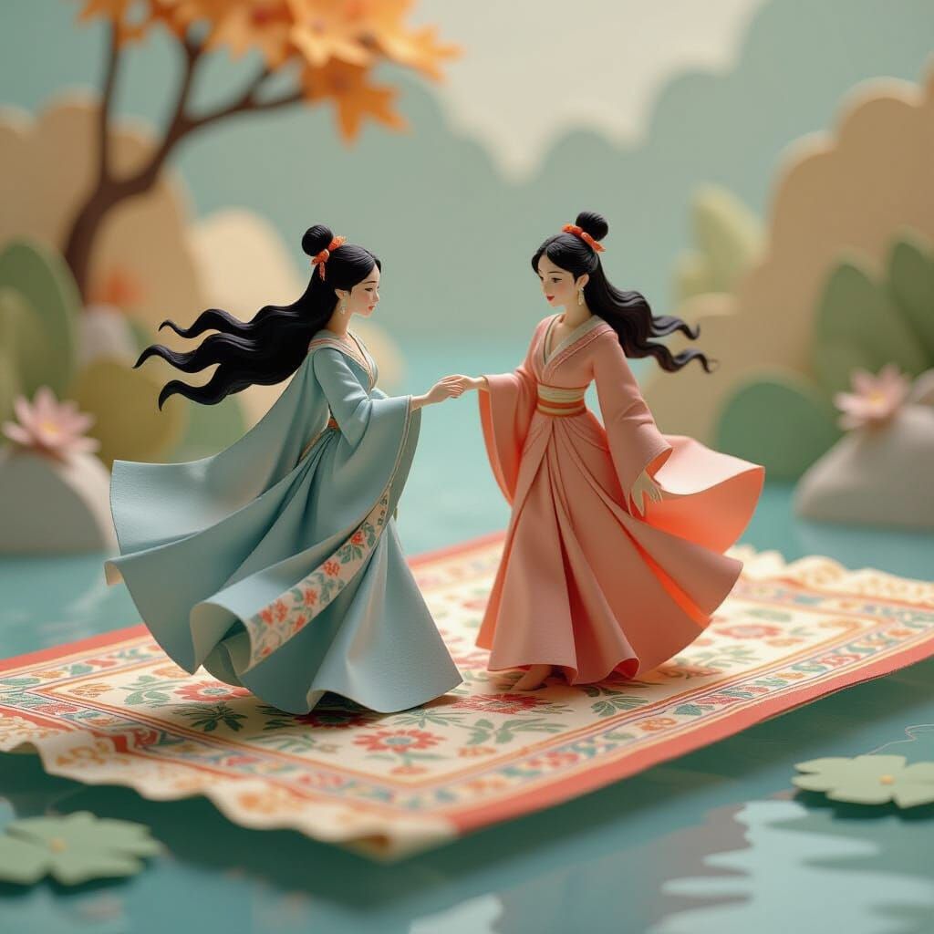 Two Goddesses Soar on an Origami Magic Carpet