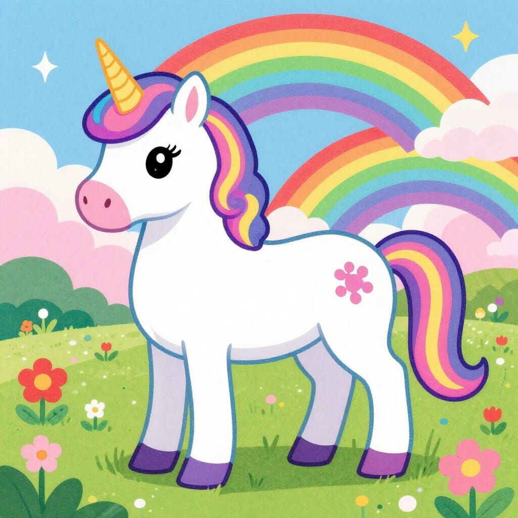 Whimsical Unicorn in Rainbow Meadow, Lisa Frank Style